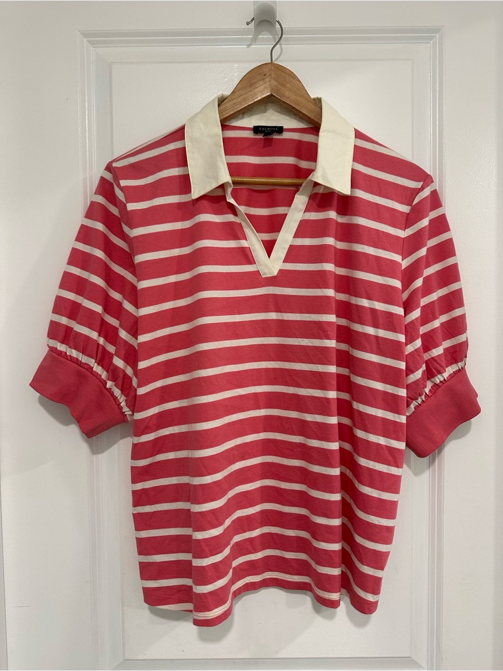 Talbots Pink and White Striped Short-Sleeve Rugby Polo Balloon Sleeve Size XL P
